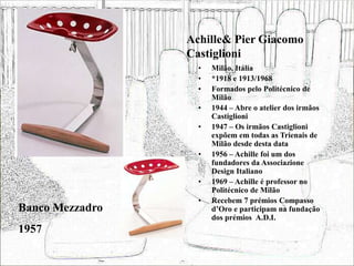 Achille& Pier Giacomo
Castiglioni
• Milão, Itália
• *1918 e 1913/1968
• Formados pelo Politécnico de
Milão
• 1944 – Abre o atelier dos irmãos
Castiglioni
• 1947 – Os irmãos Castiglioni
expõem em todas as Trienais de
Milão desde desta data
• 1956 – Achille foi um dos
fundadores da Associazione
Design Italiano
• 1969 – Achille é professor no
Politécnico de Milão
• Recebem 7 prémios Compasso
d’Oro e participam na fundação
dos prémios A.D.I.
Banco Mezzadro
1957
 
