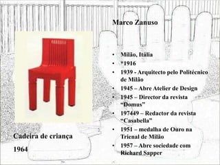 • Milão, Itália
• *1916
• 1939 - Arquitecto pelo Politécnico
de Milão
• 1945 – Abre Atelier de Design
• 1945 – Director da revista
“Domus”
• 197449 – Redactor da revista
“Casabella”
• 1951 – medalha de Ouro na
Trienal de Milão
• 1957 – Abre sociedade com
Richard Sapper
Cadeira de criança
1964
Marco Zanuso
 
