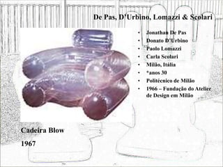 De Pas, D’Urbino, Lomazzi & Scolari
• Jonathan De Pas
• Donato D’Urbino
• Paolo Lomazzi
• Carla Scolari
• Milão, Itália
• *anos 30
• Politécnico de Milão
• 1966 – Fundação do Atelier
de Design em Milão
Cadeira Blow
1967
 