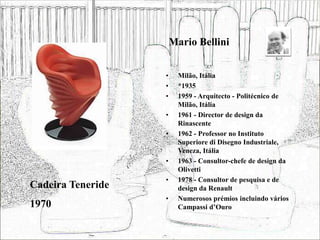 Mario Bellini
• Milão, Itália
• *1935
• 1959 - Arquitecto - Politécnico de
Milão, Itália
• 1961 - Director de design da
Rinascente
• 1962 - Professor no Instituto
Superiore di Disegno Industriale,
Veneza, Itália
• 1963 - Consultor-chefe de design da
Olivetti
• 1978 - Consultor de pesquisa e de
design da Renault
• Numerosos prémios incluindo vários
Campassi d’Ouro
Cadeira Teneride
1970
 