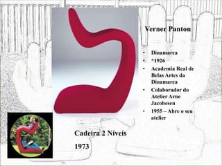 Verner Panton
• Dinamarca
• *1926
• Academia Real de
Belas Artes da
Dinamarca
• Colaborador do
Atelier Arne
Jacobesen
• 1955 – Abre o seu
atelier
Cadeira 2 Níveis
1973
 