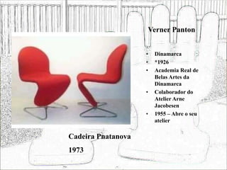 Verner Panton
• Dinamarca
• *1926
• Academia Real de
Belas Artes da
Dinamarca
• Colaborador do
Atelier Arne
Jacobesen
• 1955 – Abre o seu
atelier
Cadeira Pnatanova
1973
 