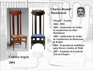 Charles Rennie
Mackintosh
• Glasgow - Escócia
• 1868 - 1928
• 1884 - colaborador do Atelier
de arquitectura de John
Hutchinson
• 1889 - colaborador do Atelier
de Arquitectura de Honeyman
& Keppie
• 1896 - Projectista de mobiliário
para Messrs. Guthrie & Wells
• 1897 - Fundador da Escola de
Arte de Glasgow
Cadeira Argyle
1894
 