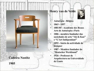 Henry van de Velde
• Antuérpia - Bélgica
• 1863 - 1957
• 1881/85 - Académie des Beaux
Arts de Antuérpia e Paris
• 1886 - membro fundador das
sociedades de arte “Als ik Kan”
e “L’Art Indépendant”
• 1892 - Início da actividade de
designer
• 1907 - Membro fundador do
“Deutscher Werkbund”
• 1926 - Professor de
Arquitectura na Universidade
de Gante
Cadeira Nostitz
1905
 