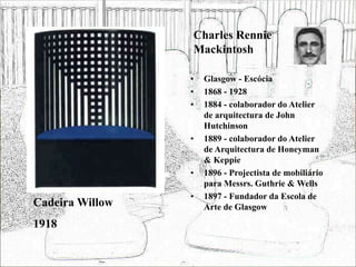 Charles Rennie
Mackintosh
• Glasgow - Escócia
• 1868 - 1928
• 1884 - colaborador do Atelier
de arquitectura de John
Hutchinson
• 1889 - colaborador do Atelier
de Arquitectura de Honeyman
& Keppie
• 1896 - Projectista de mobiliário
para Messrs. Guthrie & Wells
• 1897 - Fundador da Escola de
Arte de Glasgow
Cadeira Willow
1918
 