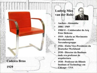 Ludwig Mies
van der Rohe
• Aachen - Alemanha
• 1886 - 1969
• 1908/11 - Colaborador do Arq
Peter Behrens
• 1919 - Aderiu ao Movimento
Revolucionário
Novembergruppe
• 1926 - Eleito Vice-Presidente da
Deutscher Werkbund
• 1930 - Director da Bauhaus
onde era professor de
arquitectura
• 1938 - Professor do Illinois
Institute of Technology em
Chicago - USA
Cadeira Brno
1929
 
