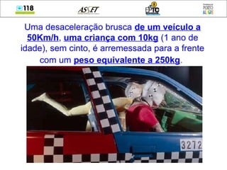 Uma desaceleração brusca de um veículo a
50Km/h, uma criança com 10kg (1 ano de
idade), sem cinto, é arremessada para a frente
com um peso equivalente a 250kg.
 