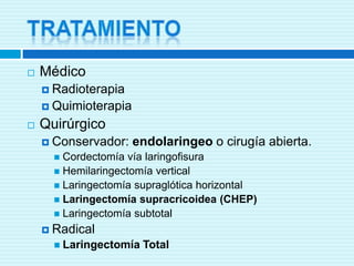 TUMORES SUPRAGLOTICOSMás agresivos.Se extienden fácilmente al espacio preepiglóticoy al paraglótico.Dan metástasis regionales a ganglios bilaterales.Extensión directa a hipofaringe lateral, pliegue glosoepiglóticoy base de lengua.