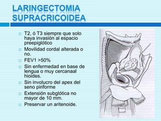 TUMORES GLOTICOSLento crecimiento.Metastatizande manera tardía al invadir estructuras con mayor drenaje linfático.Se extienden verticalmente a las paredes del ventrículo o la subglotis.Pueden causar fijación de cuerdas vocales.