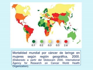 Mortalidad mundial por cáncer de laringe en mujeres según región geográfica, 2000. (Elaborado a partir del Globocam 2000. International AgencyforResearchonCancerWorldHealthOrganization).