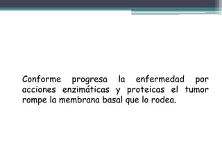 Conforme progresa la enfermedad por
acciones enzimáticas y proteicas el tumor
rompe la membrana basal que lo rodea.
 