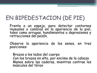 EN BIPEDESTACION (DE PIE)
 Frente a un espejo, para detectar contornos
 inusuales o cambios en la apariencia de la piel,
 tales como arrugas, hundimientos o depresiones y
 retracciones del pezón.

 Observe la apariencia de los senos, en tres
 posiciones:

  Brazos a los lados del cuerpo
  Con los brazos en alto, por encima de la cabeza
  Manos sobre las caderas, mientras contrae los
  músculos del tórax
 