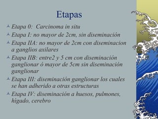Etapas
Etapa 0: Carcinoma in situ
Etapa I: no mayor de 2cm, sin diseminación
Etapa IIA: no mayor de 2cm con diseminacion
a ganglios axilares
Etapa IIB: entre2 y 5 cm con diseminación
ganglionar ó mayor de 5cm sin diseminación
ganglionar
Etapa III: diseminación ganglionar los cuales
se han adherido a otras estructuras
Etapa IV: diseminación a huesos, pulmones,
hìgado, cerebro
 