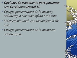 Opciones de tratamiento para pacientes
con Carcinoma Ductal IS
Cirugía preservadora de la mama y
radioterapia con tamoxifeno o sin este.
Mastectomía total, con tamoxifeno o sin
este.
Cirugía preservadora de la mama sin
radioterapia.
 