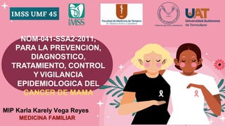 NOM-041-SSA2-2011,
PARA LA PREVENCION,
DIAGNOSTICO,
TRATAMIENTO, CONTROL
Y VIGILANCIA
EPIDEMIOLOGICA DEL
CANCER DE MAMA
MIP Karla Karely Vega Reyes
MEDICINA FAMILIAR
 