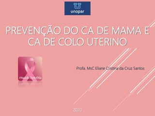 PREVENÇÃO DO CA DE MAMA E
CA DE COLO UTERINO
Profa. MsC Eliane Cristina da Cruz Santos
2020
 
