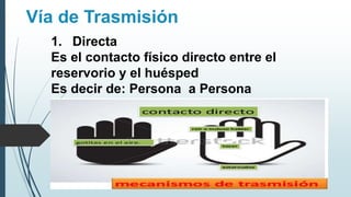 Vía de Trasmisión
1. Directa
Es el contacto físico directo entre el
reservorio y el huésped
Es decir de: Persona a Persona
 