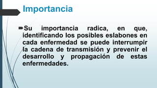 Importancia
Su importancia radica, en que,
identificando los posibles eslabones en
cada enfermedad se puede interrumpir
la cadena de transmisión y prevenir el
desarrollo y propagación de estas
enfermedades.
 