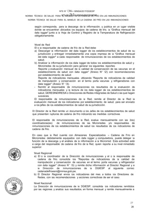 NTS Nº 13.G- MINSA/2017/DGIESP
NORMA TÉCNICA DE SALUD PARA EL MANEJO DE LA CADENA DE FRÍO EN LAS INMUNIZACIONES
NTS N° 136- MINSA/2017/DGIESP
NORMA TÉCNICA DE SALUD PARA EL MANEJO DE LA CADENA DE FRÍO EN LAS INMUNIZACIONES
26
27
según corresponda, para la descarga de la información; y publica en un lugar visible
donde se encuentran ubicados los equipos de cadena de trio, la "Gráfica mensual del
data logger'' junto a la Hoja de Control y Registro de la Temperatura de Refrigeración
obligatoriamente.
Nivel de Red
El o la responsable de cadena de frío de la Red debe:
a) Descargar la información del data logger de los establecimientos de salud de su
jurisdicción y entregar inmediatamente una copia impresa de la "Gráfica mensual
del data logger" a cada responsable de inmunizaciones de los establecimientos de
salud.
b) Analizar la información de los data logger de todos los establecimientos de salud y
Microrredes de su jurisdicción para generar los siguientes reportes:
Reporte y evaluación mensual de la calidad de conservación de las vacunas en el
establecimiento de salud con data logger" (Anexo N° 12) con recomendaciones
por establecimiento de salud.
Reporte de indicadores mensuales utilizando "Reporte de indicadores de calidad
de manipulación y conservación en el termo porta vacunas y refrigeradores con
data logger'' (Anexo N° 13).
- Remitir al responsable de inmunizaciones los resultados de la evaluación de
indicadores mensuales y la lectura de los data logger de los establecimientos de
salud, GERESNDIRESA o Direcciones de Redes Integradas de Salud o las que hagan
susveces.
El responsable de inmunizaciones de la Red, remite al Director de la Red la
evaluación mensual de los indicadores por establecimiento de salud, para ser enviado
a los jefes de los establecimientos de salud de su jurisdicción.
El Director de la Red remite un documento a los Jefes de los establecimientos de salud
que presenten rupturas de cadena de frío indicando las medidas correctivas.
El responsable de inmunizaciones de la Red, evalua mensualmente con las (los)
coordinadoras(es) de inmunizaciones de las Microrredes y/o responsables de
inmunizaciones de los establecimientos de salud los resultados de los indicadores de
cadena de frio.
En caso que la Red cuente con Almacenes Especializados - Cadena de Frío en
Microrredes debidamente equipados con data logger y computadora, puede delegar la
función de la descarga y el análisis de la información a la Microrred. Esta actividad está
a cargo del responsable de cadena de frío de la Red, quien reporta a su nivel inmediato
superior. ·
Nivel Regional
a) El o la coordinador de la Dirección de Inmunizaciones y el o la responsable de
cadena de frio, consolida los "Reportes de indicadores de la calidad de
manipulación y conservación de vacunas en el termo porta vacunas y refrigerador
con data logger" (Anexo N° 13) y remite dicha información al Director Regional y a
la Dirección de Inmunizaciones de la DGIESP al siguiente correo:
cadenadefrioesni@minsa.gob.pe,
b) El Director Regional envía los indicadores del mes a todos los Directores de
Redes, con las recomendaciones y acciones correctivas de ser el caso.
Nivel Nacional
La Dirección de Inmunizaciones de la DGIESP, consolida los indicadores remitidos
por las regiones y analiza sus resultados, en forma mensual y remite mensualmente a
 