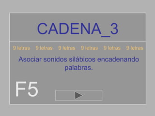 CADENA_3
9 letras   9 letras   9 letras   9 letras   9 letras   9 letras

  Asociar sonidos silábicos encadenando
                palabras.


F5
 