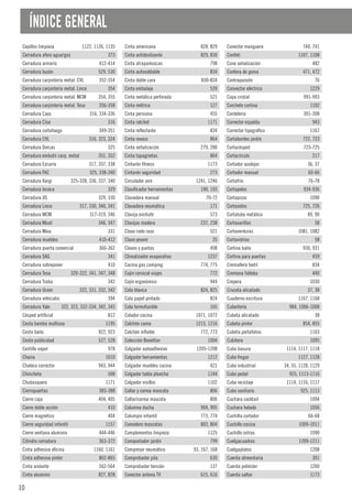 10
ÍNDICE GENERAL
Cepillos limpieza 1122, 1126, 1135
Cerradura aforo agua/gas 373
Cerradura armario 412-414
Cerradura buzón 529, 530
Cerradura carpintería metal. CVL 352-354
Cerradura carpintería metal. Lince 354
Cerradura carpintería metal. MCM 354, 355
Cerradura carpintería metal. Tesa 356-358
Cerradura Cays 316, 334-336
Cerradura Cisa 316
Cerradura cortafuego 349-351
Cerradura CVL 316, 323, 324
Cerradura Dorcas 325
Cerradura embutir carp. metal 351, 352
Cerradura Ezcurra 317, 337, 338
Cerradura FAC 325, 338-340
Cerradura Ilargi 325-328, 336, 337, 340
Cerradura Inceca 329
Cerradura JIS 329, 330
Cerradura Lince 317, 330, 340, 341
Cerradura MCM 317-319, 346
Cerradura Micel 346, 347
Cerradura Moia 331
Cerradura muebles 410-412
Cerradura puerta comercial 360-362
Cerradura SAG 341
Cerradura sobreponer 410
Cerradura Tesa 320-322, 341, 347, 348
Cerradura Traba 342
Cerradura Ucem 322, 331, 332, 342
Cerradura vehículos 394
Cerradura Yale 322, 323, 332-334, 342, 343
Césped artificial 812
Cesta bambú multiuso 1195
Cesta baño 922, 923
Cesta publicidad 527, 528
Cestillo vapor 978
Chaira 1010
Chaleco corrector 943, 944
Chincheta 508
Chubasquero 1171
Cierrapuertas 383-388
Cierre caja 404, 405
Cierre doble acción 410
Cierre magnético 404
Cierre seguridad infantil 1157
Cierre ventana aluminio 444-446
Cilindro cerradura 363-372
Cinta adhesiva oficina 1160, 1161
Cinta adhesiva pintor 862-865
Cinta aislante 562-564
Cinta aluminio 827, 828
Cinta americana 828, 829
Cinta antideslizante 829, 830
Cinta atrapamoscas 798
Cinta autosoldable 834
Cinta doble cara 830-834
Cinta embalaje 539
Cinta metálica perforada 521
Cinta métrica 127
Cinta persiana 455
Cinta ratchet 1171
Cinta reflectante 834
Cinta revoco 864
Cinta señalización 279, 280
Cinta tapagrietas 864
Cinturón fitness 1173
Cinturón seguridad 273
Circulador aire 1241, 1246
Clasificador herramientas 190, 193
Clavadora manual 70-72
Clavadora neumática 171
Clavija enchufe 573
Clavijas madera 237, 238
Clavo cielo raso 521
Clavo yesero 35
Clavos y puntas 498
Climatizador evaporativo 1237
Cocina gas camping 774, 775
Cojín cervical viajes 772
Cojín ergonómico 944
Cola blanca 824, 825
Cola papel pintado 824
Cola termofusible 165
Colador cocina 1071, 1072
Colchón cama 1215, 1216
Colchón inflable 772, 773
Colección Benetton 1004
Colgador autoadhesivo 1205-1208
Colgador herramientas 1212
Colgador muebles cocina 421
Colgador tabla plancha 1144
Colgador visillos 1102
Collar y correa mascota 806
Collar/correa mascota 806
Columna ducha 904, 905
Columpio infantil 773, 774
Comedero mascotas 803, 804
Complementos limpieza 1125
Compostador jardín 799
Compresor neumático 93, 167, 168
Comprobador pila 630
Comprobador tensión 137
Conector antena TV 615, 616
Conector manguera 740, 741
Confeti 1107, 1108
Cono señalización 482
Contera de goma 471, 472
Contrapunzón 76
Convector eléctrico 1229
Copa cristal 991-993
Corchete cortina 1102
Cordelería 301-308
Corrector espalda 943
Corrector tipográfico 1167
Cortabordes jardín 722, 723
Cortacésped 723-725
Cortacírculo 217
Cortador azulejos 36, 37
Cortador manual 60-66
Cortafrío 76-78
Cortapelos 934-936
Cortapizza 1090
Cortasetos 725, 726
Cortatubo metálico 89, 90
Cortavarillas 58
Cortaverduras 1081, 1082
Cortavidrios 58
Cortina baño 930, 931
Cortina para puertas 459
Cremallera textil 834
Cremona falleba 440
Crepera 1030
Cruceta alicatado 37, 38
Cuaderno escritura 1167, 1168
Cubertería 984, 1006-1008
Cubeta alicatado 38
Cubeta pintor 854, 855
Cubeta portafolios 1163
Cubitera 1095
Cubo basura 1114, 1117, 1118
Cubo fregar 1127, 1128
Cubo industrial 34, 35, 1128, 1129
Cubo pedal 925, 1113-1116
Cubo reciclaje 1114, 1116, 1117
Cubo sanitario 925, 1113
Cuchara cocktail 1094
Cuchara helado 1056
Cuchilla cortador 66-68
Cuchillo cocina 1009-1011
Cuchillo ostras 1090
Cuelgacuadros 1209-1211
Cuelgaplatos 1208
Cuerda alimentaria 301
Cuerda poliéster 1260
Cuerda saltar 1173
 