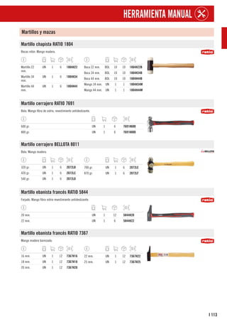 113
I
HERRAMIENTA MANUAL
Martillos y mazas
Martillo chapista RATIO 1804
Bocas nilón. Mango madera.
Martillo 22
mm.
UN 1 6 1804H22
Martillo 34
mm.
UN 1 6 1804H34
Martillo 44
mm.
UN 1 6 1804H44
Boca 22 mm. BOL 10 10 1804H22B
Boca 34 mm. BOL 10 10 1804H34B
Boca 44 mm. BOL 10 10 1804H44B
Mango 34 mm. UN 1 1 1804H34M
Mango 44 mm. UN 1 1 1804H44M
Martillo cerrajero RATIO 7691
Bola. Mango fibra de vidrio, revestimiento antideslizante.
600 gr. UN 1 6 7691H600
800 gr. UN 1 6 7691H800
Martillo cerrajero BELLOTA 8011
Bola. Mango madera.
320 gr. UN 1 6 2072LB
420 gr. UN 1 6 2072LC
540 gr. UN 1 6 2072LD
700 gr. UN 1 6 2072LE
870 gr. UN 1 6 2072LF
Martillo ebanista francés RATIO 5844
Forjado. Mango fibra vidrio revestimiento antideslizante.
20 mm. UN 1 12 5844H20
22 mm. UN 1 6 5844H22
Martillo ebanista francés RATIO 7367
Mango madera barnizado.
16 mm. UN 1 12 7367H16
18 mm. UN 1 12 7367H18
20 mm. UN 1 12 7367H20
22 mm. UN 1 12 7367H22
25 mm. UN 1 12 7367H25
 