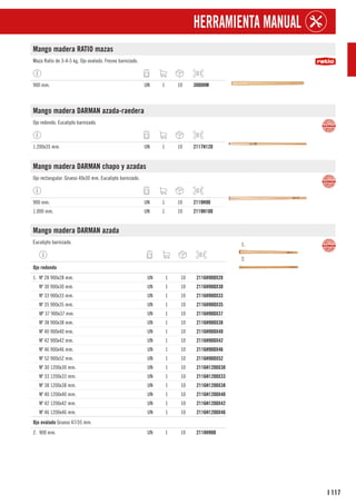 117
I
HERRAMIENTA MANUAL
Mango madera RATIO mazas
Maza Ratio de 3-4-5 kg. Ojo ovalado. Fresno barnizado.
900 mm. UN 1 10 3800HM
Mango madera DARMAN azada-raedera
Ojo redondo. Eucalipto barnizado.
1.200x35 mm. UN 1 10 2117H120
Mango madera DARMAN chapo y azadas
Ojo rectangular. Grueso 40x30 mm. Eucalipto barnizado.
900 mm. UN 1 10 2119H90
1.000 mm. UN 1 10 2119H100
Mango madera DARMAN azada
Eucalipto barnizado. 1.
2.
1
Ojo redondo
1. Nº 28 900x28 mm. UN 1 10 2116H900X28
Nº 30 900x30 mm. UN 1 10 2116H900X30
Nº 33 900x33 mm. UN 1 10 2116H900X33
Nº 35 900x35 mm. UN 1 10 2116H900X35
Mº 37 900x37 mm. UN 1 10 2116H900X37
Nº 38 900x38 mm. UN 1 10 2116H900X38
Nº 40 900x40 mm. UN 1 10 2116H900X40
Nº 42 900x42 mm. UN 1 10 2116H900X42
Nº 46 900x46 mm. UN 1 10 2116H900X46
Nº 52 900x52 mm. UN 1 10 2116H900X52
Nº 30 1200x30 mm. UN 1 10 2116H1200X30
Nº 33 1200x33 mm. UN 1 10 2116H1200X33
Nº 38 1200x38 mm. UN 1 10 2116H1200X38
Nº 40 1200x40 mm. UN 1 10 2116H1200X40
Nº 42 1200x42 mm. UN 1 10 2116H1200X42
Nº 46 1200x46 mm. UN 1 10 2116H1200X46
1
Ojo ovalado Grueso 47/35 mm.
2. 900 mm. UN 1 10 2118H900
 