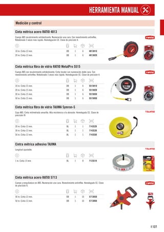 127
I
HERRAMIENTA MANUAL
Medición y control
Cinta métrica acero RATIO 4813
Cuerpo ABS recubrimiento antideslizante. Numeración una cara. Con revestimiento antireflex.
Rebobinado 3 veces más rapido. Homologación CE. Clase de precisión II.
10 m. Cinta 13 mm. DB 1 6 4813H10
20 m. Cinta 13 mm. DB 1 6 4813H20
Cinta métrica fibra de vidrio RATIO MetalPro 5515
Cuerpo ABS con recubrimiento antideslizante. Cinta bicolor con numeración doble cara. Con
revestimiento antireflex. Rebobinado 3 veces más rápido. Homologación CE. Clase de precisión II.
10 m. Cinta 15 mm. DB 1 6 5515H10
20 m. Cinta 15 mm. DB 1 6 5515H20
30 m. Cinta 15 mm. DB 1 6 5515H30
50 m. Cinta 15 mm. DB 1 6 5515H50
Cinta métrica fibra de vidrio TAJIMA Symron-S
Caja ABS. Cinta milimetrada amarilla. Alta resistencia a la abrasión. Homologada CE. Clase de
precisión III.
20 m. Cinta 13 mm. BL 1 1 7143S20
30 m. Cinta 13 mm. BL 1 1 7143S30
50 m. Cinta 13 mm. BL 1 1 7143S50
Cintra métrica adhesiva TAJIMA
Longitud ajustable.
1 m. Cinta 13 mm. BL 1 8 7123S10
Cinta métrica acero RATIO 5713
Cuerpo y empuñadura en ABS. Numeración una cara. Revestimiento antireflex. Homologado CE. Clase
de precisión II.
30 m. Cinta 13 mm. DB 1 10 5713H30
50 m. Cinta 13 mm. DB 1 10 5713H50
 