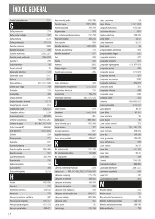 12
ÍNDICE GENERAL
Funda tabla planchar 1151
G
Gafa protección 279
Gafa punta cortada 522
Gafas lectura 1172
Gafas protección 277-279
Gancho carnicero 1088
Gancho elevación 299
Gancho multiusos 1256, 1257
Gancho panel perforado 1256-1258
Gancho S 299
Gato hidráulico 95
Gaveta albañil 35
Generador eléctrico 173
Generador vapor 1141
Gofrera 1031
Goma elástica 311, 312, 1160
Gotero para riego 759
Grabador 155
Grampillón 499
Grapa alambre 784
Grapa clavadora manual 72, 73
Grapa fijación césped 813
Grapa para cable 520, 521
Grapadora oficina 1159
Grasa lubricante 887-889
Grifería baño/cocina 906-910, 1261
Grifería de paso 643-645, 647, 648
Grifo cisterna WC 684-686
Grill eléctrico 1015, 1016
Grillete 299
Grupo presión 721
Guadaña 697
Guante barbacoa 767
Guante cepillar mascota 805, 806
Guante masaje 937
Guante protección 257-269
Guardacabo 295
Gúbia carpintero 53
Guía cajones 406
Guía cortaingletes 52, 53
H
Hacha 697, 698
Hamaca 774
Hembrilla metálica 513-516
Herbicida 793
Herraje carpintería metálica 442
Herraje para pérgolas 416, 417
Herrajes para pérgolas 417, 418
Herrajes para toldos 418-421
Herramienta jardín 699, 700
Hervidor agua 1023, 1024
Hidrolimpiadora 727-729
Higienizante 878
Hilo cortabordes/desbrozadora 737, 738
Hoja sierra calar 241-243
Horca jardín 699
Hornillo eléctrico 1027-1029
Hornillo gas camping 775
Hornillo industrial 977
Hoz 698
Hucha 532
Huevera 1005
Huevo mágico 1108
Husillo sierra corona 226
I
Imán antitabaco 944
Imán/soportes magnéticos 1212, 1213
Ingletadora eléctrica 155
Insecticida 791-793
Interruptor eléctrico 564, 575, 576
J
Jabón manos 879
Jamonero 1048, 1049
Jardinera 801
Jarra agua 999-1001
Jarra filtrante agua 997, 998
Jarra lechera 957
Jeringa repostería 1057
Juguete mascotas 804, 805
Junta estanqueidad 639-642
K
Kit nebulización 747, 748
Kit pinchazos bicicleta 94, 820
Kit riego goteo 757
L
Lámina protectora multiuso 1184
Lamp. Led 545, 547-553, 555, 597-599, 603
Lámpara camping 775, 776
Lámpara de exterior 599-602
Lámpara de interior 592-598
Lámpara decorativa 1106
Lámpara ECO-halógena 554
Lámpara señalización obra 604, 611
Lámpara trabajo 603, 604
Lámpara uñas 941
Lana acero 81
Lanza riego 743, 744
Lápiz carpintero 54
Lápiz oficina 1162, 1163
Latiguillo fontanería 649, 650
Licuadora eléctrica 1025
Lijadora eléctrica 150-153
Lima metal 55-57
Lima motosierra 56, 57
Lima sierra 56
Limpiacristales chimenea 876
Limpiacristales hogar 1131
Limpiador bicicleta 872
Limpiador cemento 877
Limpiador higienizante 874, 877-879
Limpiador juntas 876
Limpiador manos 873, 874
Limpiador mármol 877
Limpiador microondas 1030
Limpiador multiuso 870-873
Limpiador plata 875
Limpiador silicona 838
Limpiador vapor 1140
Limpieza coche 541
Linterna 605-609, 612
Linterna bicicleta 610, 611
Llana albañil 40-44
Llave Allen 97-101
Llave bicicleta 96
Llave bujías 96
Llave cabina control 373
Llave carraca 103, 108, 110
Llave en bruto 374-376
Llave fija 103-106
Llave graduable 106-108
Llave portabrocas 222
Llave ruedas 96, 97
Llave Torx 101, 102
Llave tubo 90, 91
Llave vaso 109
Llavero 534, 535
Lubricante multiuso 889-896
Luces Led decoración 1109-1111
Luminaria superficie 555
Lupa LED 132
Luz emergencia coche 604
M
Maceta albañil 115
Macho roscar 251
Magnetizador herramientas 33
Maletín multiherramientas 110-112
Maletín portaherramientas 188-190
Malla antihierba 799
 