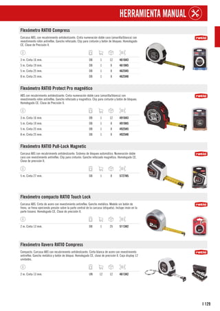 129
I
HERRAMIENTA MANUAL
Flexómetro RATIO Compress
Carcasa ABS, con recubrimiento antideslizante. Cinta numeración doble cara (amarilla/blanca) con
revestimiento nilón antireflex. Gancho reforzado. Clip para cinturón y botón de bloqueo. Homologado
CE. Clase de Precisión II.
3 m. Cinta 16 mm. DB 1 12 4616H3
5 m. Cinta 19 mm. DB 1 8 4619H5
5 m. Cinta 25 mm. DB 1 8 4625H5
8 m. Cinta 25 mm. DB 1 8 4625H8
Flexómetro RATIO Protect Pro magnético
ABS con recubrimiento antideslizante. Cinta numeración doble cara (amarilla/blanca) con
revestimiento nilón antireflex. Gancho reforzado y magnético. Clip para cinturón y botón de bloqueo.
Homologado CE. Clase de Precisión II.
3 m. Cinta 16 mm. DB 1 12 4916H3
5 m. Cinta 19 mm. DB 1 8 4919H5
5 m. Cinta 25 mm. DB 1 8 4925H5
8 m. Cinta 25 mm. DB 1 8 4925H8
Flexómetro RATIO Pull-Lock Magnetic
Carcasa ABS con recubrimiento antideslizante. Sistema de bloqueo automático. Numeración doble
cara con revestimiento antireflex. Clip para cinturón. Gancho reforzado magnético. Homologado CE.
Clase de precisión II.
5 m. Cinta 27 mm. DB 1 8 5727H5
Flexómetro compacto RATIO Touch Lock
Carcasa ABS. Cinta de acero con revestimiento antireflex. Gancho metálico. Modelo sin botón de
freno, se frena ejerciendo presión sobre la parte central de la carcasa (etiqueta). Incluye imán en la
parte trasera. Homologado CE. Clase de precisión II.
2 m. Cinta 13 mm. DB 1 20 5113H2
Flexómetro llavero RATIO Compress
Compacto. Carcasa ABS con recubrimiento antideslizante. Cinta blanca de acero con revestimiento
antireflex. Gancho metálico y botón de bloquo. Homologado CE, clase de precisión II. Caja display 12
unidades.
2 m. Cinta 13 mm. UN 12 12 4613H2
 