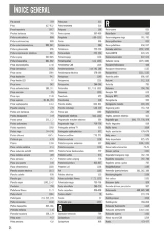 14
ÍNDICE GENERAL
Pie parasol 789
Pilas 627-632
Pincel repostería 1057
Pinchos barbacoa 768
Pintura anticalórica 880
Pintura antimanchas 880
Pintura electrodomésticos 880, 881
Pintura galvanizada 896
Pintura imprimación plásticos 881
Pintura spray 882-885
Pintura topográfica 881, 882
Pinza alcanzaobjetos 1158
Pinza cierrabolsas 1036
Pinza cocina 1084
Pinza depilación 941
Pinza flexible LED 97
Pinza horno 962
Pinza portaelectrodos 180, 181
Pinza precisión 85
Pinza ropa 1148
Pinza sujeción 85, 86, 783
Pinza sujetapapeles 1163
Piqueta camping 778
Pistola aire barbacoa 768
Pistola decapadora 149
Pistola pintar 171, 172
Pistola poliuretano 51
Pistola repostería 1058
Pistola riego 744-746
Pistola silicona 48-51
Pistón de gas 410
Pizarra 1168
Placa cartela metálica 414
Placa inducción portátil 1028
Placa metálica amarre 309
Placa persiana 457
Placa pisa puerta 448
Placa vitrocerámica 1028
Plancha asador eléctrico 1015
Plancha cabello 938
Plancha gas 764
Plancha vapor 1141, 1142
Plantador 700
Plataforma fitness 1173
Plato infantil 1004
Plato lijador 211, 219, 220
Plato microondas 1030
Pletina tapajuntas 465, 466
Plomada metálica 138
Plomada trazadora 138, 139
Polea acero 443
Polea persiana 458
Polea pozo 311
Polea tendedero 310
Polipasto 166
Pomo cajones 397-400
Pongotodo 1149-1151
Porrón 996
Portabocatas 984
Portabrocas 222-224
Portacandado 393, 394
Portaestropajo 1134
Portaetiquetas 534, 1255
Portafolletos C88 1254
Portaherramientas 183-186, 188
Portalámpara eléctrico 578-580
Portapinzas 1149
Portaprecios 1255
Portapuntas 244-246
Portarrollos 917, 918, 1052
Posavasos 1095
Powerbank 623
Precintadora 538
Precinto atados 800, 801
Precinto embalaje 538, 539
Prensa ajos 1080
Programador eléctrico 588, 1250
Programador minutero eléctrico 564
Programador riego 754-756
Prolongador antena TV 615
Prolongador cable eléctrico 577
Protector auditivo 270, 271
Protector enchufe 1158
Protector espuma andamios 537
Protector esquinas 1158
Protector facial desbrozadora 272
Protector sartén 974
Protector suelo camping 778
Protectores pintura 865-867
Proyector Led 1106
Puf 1193
Pulidora eléctrica 153
Pulsera actividad fitness 1172, 1173
Pulverizador riego 703-706
Punta atornillado 246-250
Punta carpintero 496-498
Puntero albañil 78
Punzón 57
Purificador aire 1221
Q
Quemador herbicida 794
Quitapelusas 1152
Quitapintura 868
R
Racor cobre 651
Racor latón 652
Racor manguera riego 741, 742
Racor polibutileno 655
Racor polietileno 654, 657
Radiador eléctrico 1232, 1233
Radio AM/FM 624, 625
Radiocomunicador 612, 613
Rallador cocina 1079, 1080
Rascador telescópico 938
Rascador vitrocerámica 1132
Rascavidrios 1131, 1132
Rastrillo jardín 696, 697
Ratchet 312, 313
Raticida 795
Ratonera 794, 795
Receptor TDT 619
Receptor WIFI 623
Recogebarba 933
Recogepolvo taladro 224, 225
Regadera jardín 753, 754
Regla metálica 139
Regleta conexión eléctrica 565
Regulador gas 688, 777, 778, 978
Rejilla fregadero 658
Rejilla horno 1058
Rejilla ventilación 676-678
Reloj arena 1108
Reloj despertador 625, 626
Reloj pared 1104, 1105
Remachadora/remaches 73-76
Remate cortina 1101
Reparador manguera riego 742, 743
Repelente mosquitos 797, 798
Repelente perros y gatos 792
Respaldo lumbar 1189
Retenedor puerta/ventana 381, 382, 388
Revistero plegable 1109
Riel cortina 1101
Rinconera baño 924
Rociador-difusor para ducha 902
Rodamiento 448, 449, 948
Rodillera 273, 274
Rodillo amasar 1058
Rodillo pintor 856-858
Rotulador fluorescente 1164
Rotulador permanente 1164-1166
Rotulador pizarra 1166
Rótulo horario C88 1254
Rueda 473-477
 