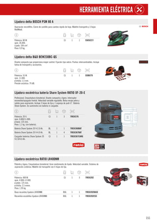 151
HERRAMIENTA ELÉCTRICA
Lijadora delta BOSCH PSM 80 A
Aspiración microfiltro. Cierre de cardillo para cambio rápido de hoja. Maletín transporte y 3 hojas
RedWood.
Potencia: 80 W.
opm: 26.000.
Lijado: 104 cm².
Peso: 0,9 kg.
CJ 1 1 5585X221
Lijadora delta B&D BEW230BC-QS
Diseño compacto que proporciona mayor control. Fijación tipo velcro. Puntas intercambiables. Incluye
bolsa de transporte y accesorios.
Potencia: 55 W.
rpm: 11.000.
ø órbita: 1,5 mm.
Presión acústica: 79 dB.
CJ 1 1 5596X79
Lijadora excéntrica batería Share System RATIO XF-20-E
Profesional. Empuñadura bimaterial. Diseño compacto y ligero. Interruptor
encendido/apagado frontal. Velocidad variable regulable. Bolsa recoje polvo y
salida para aspiración. Incluye 3 hojas de lija y 1 esponja de pulir 6”. Batería
Share System. Se suministra sin batería ni cargador.
Potencia: 20 V.
rpm: 3.000/11.000.
ø base: 125 mm.
Peso: 1,1 kg. (sin batería).
CJ 1 3 7993X376
Batería Share System 20 V-2.0 Ah. BL 1 1 7993X360BAT
Batería Share System 20 V-4.0 Ah. BL 1 4 7993X367BAT
Cargador baterías Share System 20
V-2.0/4.0 Ah.
CJ 1 1 7993X367CARG
Lijadora excéntrica RATIO LR400NM
Potente y ligera. Empuñadura bimaterial. Gran rendimiento de lijado. Velocidad variable. Sistema de
aspiración ciclónica. Maletín de transporte con 6 hojas de lija.
Potencia: 400 W.
opm: 4.000-12.000.
ø plato: 125 mm.
ø órbita: 2,5 mmm.
Peso: 1,95 kg.
CJ 1 3 7993X202
Base recambio lijadora LR400NM. BOL 1 1 7993X202BASE
Recambio escobillas lijadora LR400NM. BOL 1 1 7993X202ESC
 