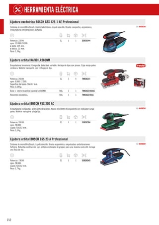 152
HERRAMIENTA ELÉCTRICA
Lijadora excéntrica BOSCH GEX 125-1 AE Professional
Sistema de microfiltro Bosch. Control electrónico. Lijado sencillo. Diseño compacto y ergonómico,
empuñadura antivibraciones Softgrip.
Potencia: 250 W.
opm: 15.000-24.000.
ø plato: 125 mm.
ø órbita: 2,5 mm.
Peso: 1,3 kg.
CJ 1 1 5585X544
Lijadora orbital RATIO LR260NM
Empuñadura bimaterial. Compacta. Velocidad variable. Anclaje de lijas con pinzas. Caja recoje polvo
ciclónica. Maletín transporte con 10 hojas de lija.
Potencia: 260 W.
opm: 6.000-12.000.
Superficie de lijado: 90x187 mm.
Peso: 1,69 kg.
CJ 1 4 7993X231
Base + velcro recambio lijadora LR260NM. BOL 1 1 7993X231BASE
Recambio escobillas. BOL 1 1 7993X231ESC
Lijadora orbital BOSCH PSS 200 AC
Empuñadura compacta y anillo antivibraciones. Nuevo microfiltro transparente con indicador carga
polvo. Maletín transporte y hoja lija.
Potencia: 200 W.
opm: 24.000.
Lijado: 92x182 mm.
Peso: 1,6 kg.
CJ 1 1 5585X204
Lijadora orbital BOSCH GSS 23 A Professional
Sistema de microfiltro Bosch. Lijado sencillo. Diseño ergonómico, empuñadura antivibraciones
Softgrip. Robusta construcción y un sistema reforzado de grapas para una máxima vida útil. Incluye
una hoja de lija.
Potencia: 190 W.
opm: 24.000.
Lijado: 92x182 mm.
Peso: 1,7 kg.
CJ 1 1 5585X545
 