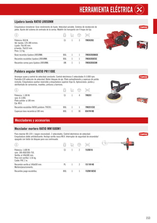 153
HERRAMIENTA ELÉCTRICA
Lijadora banda RATIO LR850NM
Empuñadura bimaterial. Gran rendimiento de lijado. Velocidad variable. Sistema de recolección de
polvo. Ajuste del sistema de centrado de la correa. Maletín de transporte con 4 hojas de lija.
Potencia: 850 W.
Vel. banda: 120-380 m/min.
Lijado: 76x140 mm.
ø banda: 76x533 mm.
Peso: 3,3 kg.
CJ 1 3 7993X203
Base recambio lijadora LR850NM. BOL 1 1 7993X203BASE
Recambio escobillas lijadora LR850NM. BOL 1 1 7993X203ESC
Recambio correa para lijadora LR850NM. UN 1 1 7993X203COR
Pulidora angular RATIO PR1100E
Arranque suave y control de velocidad constante. Control electrónico 5 velocidades 0-3.000 rpm.
Pantalla LCD selección de velocidad. Botón bloqueo de eje. Plato autoadherente y caperuza de pulido
incluida. Empuñadura auxiliar reversible y empuñadura superior (tipo G). Aplicaciones: pulido y
abrillantado de carrocerías, muebles, pinturas y barnices.
Potencia: 1.100 W.
rpm: 0-3.000.
Plato pulidor: ø 180 mm.
Eje: M14.
CJ 1 4 7992X1
Recambio escobillas RATIO pulidora 7992X1. BOL 1 1 7992X1ESC
Caperuza lana recambio ø 180 mm. BOL 1 30 6547H180
Mezcladores y accesorios
Mezclador mortero RATIO MM1600M1
Para mezclar 80-120 l. (según viscosidad). 2 velocidades. Control electrónico de velocidad.
Empuñadura doble antideslizante. Anclaje varilla rosca M14. Interruptor de seguridad de encendido/
apagado con botón de bloqueo para uso continuado.
Potencia: 1.600 W.
rpm: 180-460/300-750.
Varilla: ø 140x580 mm.
Peso (sin varilla): 3,56 kg.
Cable: PVC 2 m.
CJ 1 2 1520X16
Recambio varilla ø 140x600 mm.
Mortero/yeso/cemento.
PL 1 2 1511H140
Recambio juego escobillas. BOL 1 1 1520X16ESC
 