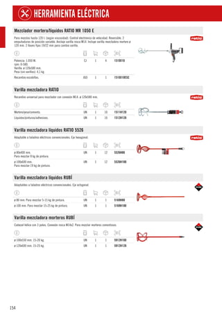 154
HERRAMIENTA ELÉCTRICA
Mezclador mortero/líquidos RATIO MR 1050 E
Para mezclas hasta 120 l. (según viscosidad). Control electrónico de velocidad. Reversible. 2
empuñaduras de posición variable. Anclaje varilla rosca M14. Incluye varilla mezcladora mortero ø
120 mm. 2 llaves fijas 19/22 mm para cambio varilla.
Potencia: 1.050 W.
rpm: 0-580.
Varilla: ø 120x580 mm.
Peso (sin varillas): 4,1 kg.
CJ 1 4 1510X10
Recambio escobillas. JGO 1 1 1510X10ESC
Varilla mezcladora RATIO
Recambio universal para mezclador con conexión M14. ø 120x580 mm.
Mortero/yeso/cemento. UN 1 10 1511H120
Líquidos/pinturas/adhesivos. UN 1 10 1512H120
Varilla mezcladora líquidos RATIO 5526
Adaptable a taladros eléctricos convencionales. Eje hexagonal.
ø 80x400 mm.
Para mezclar 8 kg de pintura.
UN 1 12 5526H80
ø 100x600 mm.
Para mezclar 19 kg de pintura.
UN 1 12 5526H100
Varilla mezcladora líquidos RUBÍ
Adaptables a taladros eléctricos convencionales. Eje octogonal.
ø 80 mm. Para mezclar 5-15 kg de pintura. UN 1 1 5169H80
ø 100 mm. Para mezclar 15-25 kg de pintura. UN 1 1 5169H100
Varilla mezcladora morteros RUBÍ
Cabezal hélice con 3 palas. Conexión rosca M14x2. Para mezclar morteros cementosos.
ø 100x550 mm. 15-20 kg. UN 1 1 5912H100
ø 120x600 mm. 15-25 kg. UN 1 1 5912H120
 