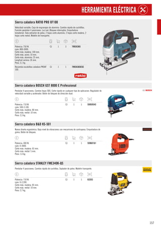 157
HERRAMIENTA ELÉCTRICA
Sierra caladora RATIO PRO XF100
Velocidad variable. Caja de engranajes de aluminio. Cambio rápido de cuchilllas.
Función pendular 4 posiciones. Luz Led. Bloqueo interruptor. Empuñadura
bimaterial. Tubo extractor de polvo, 2 hojas corte aluminio, 2 hojas corte madera, 2
hojas corte metal. Maletín de transporte.
Potencia: 750 W.
cpm: 800-3000.
Corte máx. madera: 100 mm.
Corte máx. acero: 10 mm.
Corte máx. aluminio: 25 mm.
Longitud carrera: 26 mm.
Peso: 3,1 kg.
CJ 1 3 7993X365
Recambio escobillas caladora PROXF
100.
CJ 1 1 7993X365ESC
Sierra caladora BOSCH GST 8000 E Professional
Pendular 4 posiciones. Cambio hojas SDS. Corte rápido en cualquier tipo de aplicacion. Regulador de
velocidad variable y acelerador. Botón de bloqueo de dirección dual.
Potencia: 710 W.
cpm: 500-3.100.
Corte máx. madera: 80 mm.
Corte máx. metal: 10 mm.
Peso: 2,5 kg.
CJ 1 1 5585X543
Sierra caladora B&D KS-501
Nuevo diseño ergonómico. Bajo nivel de vibraciones con mecanismo de contrapeso. Empuñadura de
goma. Botón de bloqueo.
Potencia: 400 W.
cpm: 0-3000.
Corte máx. madera: 65 mm.
Corte máx. metal: 5 mm.
Peso: 1,6 kg.
CJ 1 1 5596X161
Sierra caladora STANLEY FME340K-QS
Pendular 4 posiciones. Cambio rápido de cuchillas. Soplador de polvo. Maletín transporte.
Potencia: 710 W.
cpm: 0-3.200.
Corte máx. madera: 85 mm.
Corte máx. metal: 10 mm.
Peso: 2,7 kg.
CJ 1 1 633X3
 