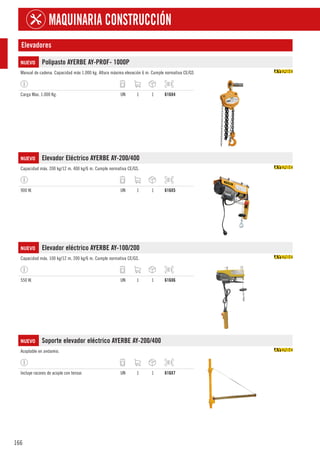 166
MAQUINARIA CONSTRUCCIÓN
Elevadores
NUEVO Polipasto AYERBE AY-PROF- 1000P
Manual de cadena. Capacidad máx 1.000 kg. Altura máxima elevación 6 m. Cumple normativa CE/GS
Carga Max. 1.000 Kg. UN 1 1 616X4
NUEVO Elevador Eléctrico AYERBE AY-200/400
Capacidad máx. 200 kg/12 m. 400 kg/6 m. Cumple normativa CE/GS.
900 W. UN 1 1 616X5
NUEVO Elevador eléctrico AYERBE AY-100/200
Capacidad máx. 100 kg/12 m. 200 kg/6 m. Cumple normativa CE/GS.
550 W. UN 1 1 616X6
NUEVO Soporte elevador eléctrico AYERBE AY-200/400
Acoplable en andamio.
Incluye racores de acople con tensor. UN 1 1 616X7
 