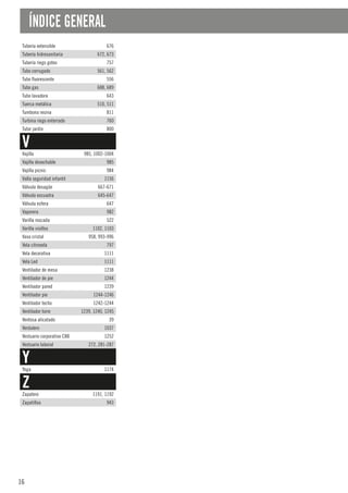 16
ÍNDICE GENERAL
Tubería extensible 676
Tubería hidrosanitaria 672, 673
Tubería riego goteo 757
Tubo corrugado 561, 562
Tubo fluorescente 556
Tubo gas 688, 689
Tubo lavadora 643
Tuerca metálica 510, 511
Tumbona resina 811
Turbina riego enterrado 760
Tutor jardín 800
V
Vajilla 985, 1002-1004
Vajilla desechable 985
Vajilla picnic 984
Valla seguridad infantil 1156
Válvula desagüe 667-671
Válvula escuadra 645-647
Válvula esfera 647
Vaporera 982
Varilla roscada 522
Varilla visillos 1102, 1103
Vaso cristal 958, 993-996
Vela citronela 797
Vela decorativa 1111
Vela Led 1111
Ventilador de mesa 1238
Ventilador de pie 1244
Ventilador pared 1239
Ventilador pie 1244-1246
Ventilador techo 1242-1244
Ventilador torre 1239, 1240, 1245
Ventosa alicatado 39
Verdulero 1037
Vestuario corporativo C88 1252
Vestuario laboral 272, 281-287
Y
Yoga 1174
Z
Zapatero 1191, 1192
Zapatillas 943
 