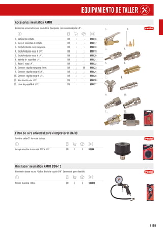 169
I
EQUIPAMIENTO DE TALLER
Accesorios neumática RATIO
Accesorios universales para neumática. Equipados con conexión rápida 1/4”. 1. 2.
3. 4.
5. 6.
7. 8.
9. 10.
11. 12.
1. Cabezal de inflado. DB 1 1 696X16
2. Juego 3 boquillas de inflado. DB 1 1 696X17
3. Enchufe rápido racor manguera. DB 1 1 696X18
4. Enchufe rápido rosca M 1/4”. DB 1 1 696X19
5. Enchufe rápido rosca H 1/4”. DB 1 1 696X20
6. Válvula de seguridad 1/4”. DB 1 1 696X21
7. Racor 3 vías 1/4”. DB 1 1 696X22
8. Conexión rápida manguera 8 mm. DB 1 10 696X23
9. Conexión rápida rosca H 1/4”. DB 1 1 696X24
10. Conexión rápida rosca M 1/4”. DB 1 1 696X25
11. Mini lubrificador 1/4”. DB 1 1 696X26
12. Llave de paso M-M 1/4”. DB 1 1 696X27
Filtro de aire universal para compresores RATIO
Cambiar cada 55 horas de trabajo.
Incluye reductor de rosca de 3/8” a 1/4”. DB 1 1 696X4
Hinchador neumático RATIO 696-15
Manómetro doble escala PSI/Bar. Enchufe rápido 1/4”. Extremo de goma flexible.
Presión máxima 10 Bar. DB 1 1 696X15
 