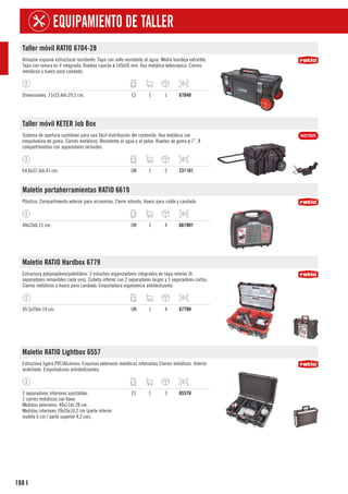 188
EQUIPAMIENTO DE TALLER
I
Taller móvil RATIO 6704-28
Armazón espuma estructural resistente. Tapa con sello resistente al agua. Media bandeja extraíble.
Tapa con ranura en V integrada. Ruedas caucho ø 145x50 mm. Asa metálica telescópica. Cierres
metálicos y hueco para candado.
Dimensiones. 71x33,4xh.29,5 cm. CJ 1 1 6704H
Taller móvil KETER Job Box
Sistema de apertura cantilever para una fácil distribución del contenido. Asa metálica con
empuñadura de goma. Cierres metálicos. Resistente al agua y al polvo. Ruedas de goma ø 7”. 8
compartimentos con separadores incluidos.
64,6x37,3xh.41 cm. UN 1 2 2311H1
Maletín portaherramientas RATIO 6619
Plástico. Compartimento exterior para accesorios. Cierre robusto. Hueco para cable y candado.
40x33xh.15 cm. UN 1 4 6619H1
Maletín RATIO Hardbox 6779
Estructura polipropileno/polietileno. 2 estuches organizadores integrados en tapa interior (6
separadores removibles cada uno). Cubeta inferior con 2 separadores largos y 5 separadores cortos.
Cierres metálicos y hueco para candado. Empuñadura ergonómica antideslizante.
49,5x39xh.19 cm. UN 1 4 6779H
Maletín RATIO Lightbox 6557
Estructura ligera PVC/Aluminio. Esquinas exteriores metálicas reforzadas Cierres metálicos. Interior
acolchado. Empuñaduras antideslizantes.
5 separadores interiores ajustables.
2 cierres metálicos con llave.
Medidas exteriores: 40x11xh.28 cm.
Medidas interiores 39x26x10,2 cm (parte inferior
maleta 6 cm / parte superior 4,2 cm).
CJ 1 3 6557H
 