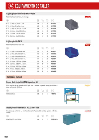192
EQUIPAMIENTO DE TALLER
I
Cajón apilable industrial RATIO 4017
Material polipropileno. Color gris marengo.
Nº 52. 3,2 litros. 23,6x16xh.13 cm. UN 15 15 4017H52
Nº 53. 4,8 litros. 33,6x16xh.13 cm. UN 10 10 4017H53
Nº 54. 7,7 litros. 33,6x21,6xh.15,5 cm. UN 12 12 4017H54
Nº 55. 10,1 litros. 33,6x21,6xh.20 cm. UN 10 10 4017H55
Nº 56. 13,9 litros. 42x27xh.17,5 cm. UN 8 8 4017H56
Nº 58. 22,2 litros. 50x30,3xh.20 cm. UN 12 12 4017H58
Cajón apilable TAYG
Material polipropileno. Color azul.
Nº 51. 0,8 litros. 170x100xh.80 mm. CJ 24 24 4056H51
Nº 52. 3,2 litros. 236x160xh.130 mm. CJ 15 15 4056H52
Nº 53. 4,8 litros. 336x160xh.130 mm. CJ 10 10 4056H53
Nº 54. 7,7 litros. 336x216xh.155 mm. CJ 12 12 4056H54
Nº 55. 10,1 litros. 336x216xh.200 mm. CJ 8 8 4056H55
Nº 56. 13,9 litros. 420x270xh.175 mm. CJ 8 8 4056H56
Nº 58. 22,2 litros. 500x303xh.200 mm. CJ 12 12 4056H58
Nº 59. 34 litros. 500x303xh.300 mm. CJ 6 6 4056H59
Nº 60. 51,3 litros. 600x400xh.300 mm. CJ 6 6 4056H60
Bancos de trabajo
Banco de trabajo HABITEX Organizer 60
Acero laminado. Kit de montaje. Pintura epoxi azul. 2 bandejas carga máx. 400 kg por estantes y
panel perforado de 60x90 cm.
90x60xh.150 cm. UN 1 1 1762B15
Arcón portaherramientas HECO serie 138
Armazón chapa pulida 0,8-1,2 mm. Asas transporte. Tapa abatible con tope apertura a 90º. Azul
martelé.
835x370xh.370 mm. 19,8 kg. UN 1 1 2035H13811
 