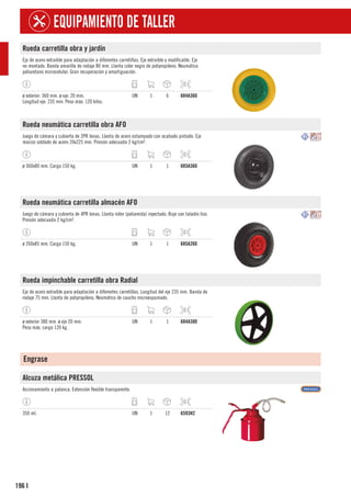196
EQUIPAMIENTO DE TALLER
I
Rueda carretilla obra y jardín
Eje de acero extraíble para adaptación a diferentes carretillas. Eje extraíble y modificable. Eje
no montado. Banda amarilla de rodaje 80 mm. Llanta color negro de polipropileno. Neumático
poliuretano microcelular. Gran recuperación y amortiguación.
ø exterior: 360 mm. ø eje: 20 mm.
Longitud eje: 235 mm. Peso máx: 120 kilos.
UN 1 6 684A360
Rueda neumática carretilla obra AFO
Juego de cámara y cubierta de 2PR lonas. Llanta de acero estampado con acabado pintado. Eje
macizo soldado de acero 20x225 mm. Presión adecuada 2 kg/cm².
ø 360x80 mm. Carga 150 kg. UN 1 1 685A360
Rueda neumática carretilla almacén AFO
Juego de cámara y cubierta de 4PR lonas. Llanta nilón (poliamida) inyectado. Buje con taladro liso.
Presión adecuada 2 kg/cm².
ø 260x85 mm. Carga 150 kg. UN 1 1 685A260
Rueda impinchable carretilla obra Radial
Eje de acero extraíble para adaptación a diferentes carretillas. Longitud del eje 235 mm. Banda de
rodaje 75 mm. Llanta de polipropileno. Neumático de caucho microespumado.
ø exterior 380 mm. ø eje 20 mm.
Peso máx. carga 120 kg.
UN 1 1 684A380
Engrase
Alcuza metálica PRESSOL
Accionamiento a palanca. Extensión flexible transparente.
350 ml. UN 1 12 6593H2
 