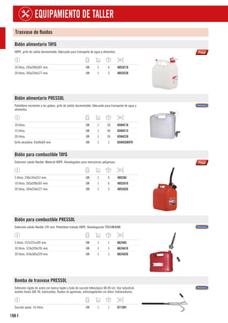 198
EQUIPAMIENTO DE TALLER
I
Trasvase de fluidos
Bidón alimentario TAYG
HDPE. grifo de salida desmontable. Adecuado para transporte de agua y alimentos.
10 litros. 265x200x307 mm. UN 1 6 4053C10
20 litros. 345x234x377 mm. UN 1 5 4053C20
Bidón alimentario PRESSOL
Polietileno resistente a los golpes, grifo de salida desmontable. Adecuado para transporte de agua y
alimentos.
10 litros. UN 1 50 6594C10
15 litros. UN 1 40 6594C15
20 litros. UN 1 30 6594C20
Grifo recambio. 65x46x69 mm. UN 1 1 6594CGRIFO
Bidón para combustible TAYG
Extensión salida flexible. Material HDPE. Homologados para mercancías peligrosas.
5 litros. 230x145x257 mm. UN 1 6 4052A5
10 litros. 265x200x307 mm. UN 1 6 4052A10
20 litros. 345x234x377 mm. UN 1 5 4052A20
Bidón para combustible PRESSOL
Extensión salida flexible 195 mm. Polietileno tratado HDPE. Homologación TÜV/UN/BAM.
5 litros. 237x331x185 mm. UN 1 1 6624A5
10 litros. 319x329x195 mm. UN 1 1 6624A10
20 litros. 410x385x229 mm. UN 1 1 6624A20
Bomba de trasvase PRESSOL
Extensión rígida de acero con tuerca tapón y tubo de succión telescópico 48-90 cm. Uso industrial:
aceites hasta SAE 90, lubricantes, fluidos no agresivos, anticongelantes sin diluir, hidrocarburos.
Succión aprox. 16 l/min. UN 1 1 6713H1
 