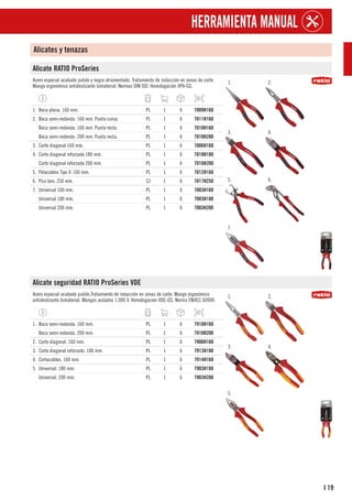 19
I
HERRAMIENTA MANUAL
Alicates y tenazas
Alicate RATIO ProSeries
Acero especial acabado pulido y negro atramentado. Tratamiento de inducción en zonas de corte.
Mango ergonómico antideslizante bimaterial. Normas DIN ISO. Homologación VPA-GS.
1. 2.
3. 4.
5. 6.
7.
1. Boca plana. 160 mm. PL 1 6 7009H160
2. Boca semi-redonda. 160 mm. Punta curva. PL 1 6 7011H160
Boca semi-redonda. 160 mm. Punta recta. PL 1 6 7010H160
Boca semi-redonda. 200 mm. Punta recta. PL 1 6 7010H200
3. Corte diagonal 160 mm. PL 1 6 7006H160
4. Corte diagonal reforzado 180 mm. PL 1 6 7018H180
Corte diagonal reforzado 200 mm. PL 1 6 7018H200
5. Pelacables Tipo V. 160 mm. PL 1 6 7012H160
6. Pico loro. 250 mm. CJ 1 6 7017H250
7. Universal 160 mm. PL 1 6 7003H160
Universal 180 mm. PL 1 6 7003H180
Universal 200 mm. PL 1 6 7003H200
Alicate seguridad RATIO ProSeries VDE
Acero especial acabado pulido.Tratamiento de inducción en zonas de corte. Mango ergonómico
antideslizante bimaterial. Mangos aislados 1.000 V. Homologación VDE-GS. Norma EN/IEC 60900.
1. 2.
3. 4.
5.
1. Boca semi-redonda. 160 mm. PL 1 6 7910H160
Boca semi-redonda. 200 mm. PL 1 6 7910H200
2. Corte diagonal. 160 mm. PL 1 6 7906H160
3. Corte diagonal reforzado. 180 mm. PL 1 6 7913H180
4. Cortacables. 160 mm. PL 1 6 7914H160
5. Universal. 180 mm. PL 1 6 7903H180
Universal. 200 mm. PL 1 6 7903H200
 