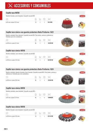 202
ACCESORIOS Y CONSUMIBLES
I
Cepillo taza RATIO
Alambre trenzado, acero templado. Casquillo roscado M14.
ø 65 mm. ø púas 0,35 mm. CJ 1 1 6331H65
Cepillo taza cónico con guarda protectora Ratio ProSeries 1622
Alambre ondulado. Acero latonado. Casquillo roscado M14. Para óxidos, pinturas y adherencias.
Diseñado para mini-amoladoras.
ø 100 mm. ø púas 0,3 mm. BL 1 1 1622H100
Cepillo taza cónico RATIO
Alambre ondulado, acero latonado. Casquillo roscado M14.
ø 100 mm. ø púas 0,30 mm. CJ 1 1 6222H100
Cepillo taza cónico con guarda protectora Ratio ProSeries 1624
Alambre ondulado. Alambre templado. Acero trenzado. Casquillo roscado M14. Para óxidos, pinturas y
adherencias. Diseñado para mini-amoladoras.
ø 100 mm. ø púas 0,50 mm. BL 1 1 1624H100
Cepillo taza cónico RATIO
Alambre ondulado, acero templado. Casquillo roscado M14.
ø 95 mm. ø púas 0,30 mm. BL 1 6 1660H950
Cepillo taza cónico RATIO
Alambre trenzado, acero templado. Casquillo roscado M14.
ø 100 mm. ø púas 0,50 mm. CJ 1 1 6231H100
 