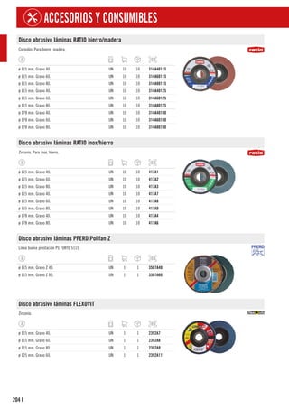 204
ACCESORIOS Y CONSUMIBLES
I
Disco abrasivo láminas RATIO hierro/madera
Corindón. Para hierro, madera.
ø 115 mm. Grano 40. UN 10 10 314A40115
ø 115 mm. Grano 60. UN 10 10 314A60115
ø 115 mm. Grano 80. UN 10 10 314A80115
ø 115 mm. Grano 40. UN 10 10 314A40125
ø 115 mm. Grano 60. UN 10 10 314A60125
ø 115 mm. Grano 80. UN 10 10 314A80125
ø 178 mm. Grano 40. UN 10 10 314A40180
ø 178 mm. Grano 60. UN 10 10 314A60180
ø 178 mm. Grano 80. UN 10 10 314A80180
Disco abrasivo láminas RATIO inox/hierro
Zirconio. Para inox, hierro.
ø 115 mm. Grano 40. UN 10 10 417A1
ø 115 mm. Grano 60. UN 10 10 417A2
ø 115 mm. Grano 80. UN 10 10 417A3
ø 115 mm. Grano 40. UN 10 10 417A7
ø 115 mm. Grano 60. UN 10 10 417A8
ø 115 mm. Grano 80. UN 10 10 417A9
ø 178 mm. Grano 40. UN 10 10 417A4
ø 178 mm. Grano 80. UN 10 10 417A6
Disco abrasivo láminas PFERD Polifan Z
Línea buena prestación PS FORTE 5115.
ø 115 mm. Grano Z 40. UN 1 1 3507A40
ø 115 mm. Grano Z 60. UN 1 1 3507A60
Disco abrasivo láminas FLEXOVIT
Zirconio.
ø 115 mm. Grano 40. UN 1 1 2392A7
ø 115 mm. Grano 60. UN 1 1 2392A8
ø 115 mm. Grano 80. UN 1 1 2392A9
ø 125 mm. Grano 60. UN 1 1 2392A11
 