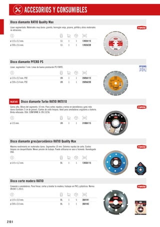 210
ACCESORIOS Y CONSUMIBLES
I
Disco diamante RATIO Quality Max
Láser segmentado. Materiales muy duros: granito, hormigón viejo, pizarra, pórfido y otros materiales
no abrasivos.
ø 115 x 2,2 mm. CJ 1 1 1392A115
ø 230 x 2,6 mm. CJ 1 1 1392A230
Disco diamante PFERD PS
Láser, segmentos 7 mm. Línea de buena prestación PS FORTE.
ø 115 x 2,2 mm. PSF. UN 1 1 3505A115
ø 230 x 2,4 mm. PSF. UN 1 1 3505A230
NUEVO Disco diamante Turbo RATIO RKTX10
Gama alta. Altura del segmento: 10 mm. Para cortes rápidos y rectos en porcelánico y gres más
duros (también 2 cm de grosor). Cantos de corte limpios. Ideal para amoladoras angulares a batería.
Brida reforzada. OSA. CONFORME A: EN 13236.
ø 115 mm. UN 1 1 3108A115
Disco diamante gres/porcelánico RATIO Quality Max
Máximo rendimiento en materiales duros. Segmentos 10 mm. Extrema rapidez de corte. Cantos
limpios sin desportillador. Menor presión de trabajo. Puede utilizarse en seco o húmedo. Homologado
OSA.
ø 115 x 1,2 mm. BL 1 1 1393A115
Disco corte madera RATIO
Conexión a amoladoras. Para fresar, cortar y biselar la madera, trabajar en PVC y plásticos. Norma
EN 847-1:2013.
ø 115 x 2,0 mm. BL 1 5 3681H1
ø 230 x 2,0 mm. BL 1 1 3681H2
 