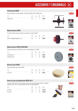 217
I
ACCESORIOS Y CONSUMIBLES
Cortacírculo RATIO
Para cortar láminas de metal, plástico, etc. Broca guía HSS ø 6 mm. Vástago 8 mm.
ø 20/123 mm. BL 1 5 3674H
Muela abrasiva RATIO
Para afilar cuchillos y tijeras. Se debe usar siempre con el soporte 3687H.
ø 50 mm. Vástago hexagonal 7 mm. BL 1 10 3679H
Muela abrasiva RATIO 3639/3640
Corindón. Para afilar y esmerilar. Para usar con el eje adaptador ref. 3676H2.
ø 75x10x13 mm. BL 1 10 3639A
ø 100x12x13 mm. BL 1 10 3640A
Boina de lana RATIO
Fijación sobre plato caucho Ratio 2699H.
ø 125 mm. BL 1 10 6547H
Boina de lana autoadherente RATIO 2613
Para pulir metal, madera, cristal y mármol. ø 115 mm: uso con el plato lijador 3677H1 con taladro/
amoladora. ø 125 mm: uso con plato lijador 3677H2 con taladro/amoladora.
ø 115 mm. BL 1 10 2613H1
ø 125 mm. BL 1 10 2613H2
 