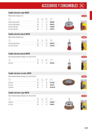 221
I
ACCESORIOS Y CONSUMIBLES
Cepillo abrasivo copa RATIO
Nilón/corindón. Vástago 6 mm.
ø 50 mm. Rojo, grueso. BL 1 12 6660H50
ø 75 mm. Rojo, grueso. BL 1 12 6660H75
ø 50 mm. Azul, fino. BL 1 12 6760H50
ø 75 mm. Azul, fino. BL 1 10 6760H75
Cepillo abrasivo pincel RATIO
Nilón/corindón. Vástago 6 mm.
ø 22 mm. Rojo, grueso. BL 1 10 6664H22
ø 22 mm. Azul, fino. BL 1 10 6764H22
Cepillo abrasivo pincel RATIO
Acero latonado ondulado. Vástago 6 mm. Púas 0,30 mm.
ø 25 mm. BL 1 10 6364H25
Cepillo abrasivo circular RATIO
Acero latonado ondulado. Vástago 6 mm. Púas 0,30 mm.
ø 50 mm. BL 1 10 6352H50
ø 75 mm. BL 1 10 6352H75
ø 100 mm. BL 1 10 6352H100
Cepillo abrasivo copa RATIO
Acero latonado ondulado. Vástago 6 mm. Púas 0,30 mm.
ø 50 mm. BL 1 12 6360H50
ø 75 mm. BL 1 12 6360H75
 