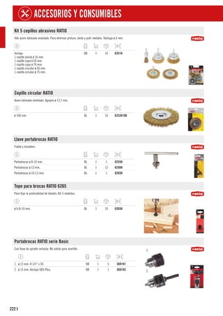 222
ACCESORIOS Y CONSUMIBLES
I
Kit 5 cepillos abrasivos RATIO
Hilo acero latonado ondulado. Para eliminar pintura, óxido y pulir metales. Vástago ø 6 mm.
Incluye:
1 cepillo pincel ø 16 mm.
1 cepillo copa ø 50 mm.
1 cepillo copa ø 70 mm.
1 cepillo circular ø 50 mm.
1 cepillo circular ø 75 mm.
DB 1 10 6351H
Cepillo circular RATIO
Acero latonado ondulado. Agujero ø 12,7 mm.
ø 100 mm. BL 1 10 6252H100
Llave portabrocas RATIO
Fiable y duradero.
Portabrocas ø 8-10 mm. BL 1 1 6255H
Portabrocas ø 13 mm. BL 1 12 6256H
Portabrocas ø 10-13 mm. BL 1 1 6283H
Tope para brocas RATIO 6265
Para fijar la profundidad de taladro. Kit 3 medidas.
ø 6-8-10 mm. BL 1 10 6265H
Portabrocas RATIO serie Basic
Con llave de apriete incluida. No válido para martillo. 1.
2.
1. ø 13 mm. H 1/2” x 20. DB 1 5 3691H1
2. ø 13 mm. Anclaje SDS-Plus. DB 1 1 3691H2
 